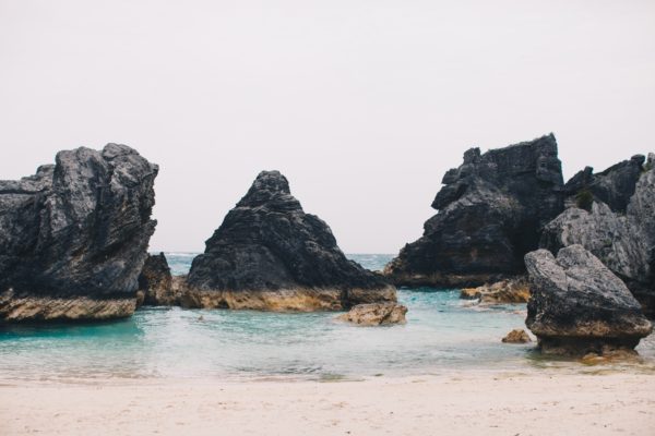 sand and rocks by ocean