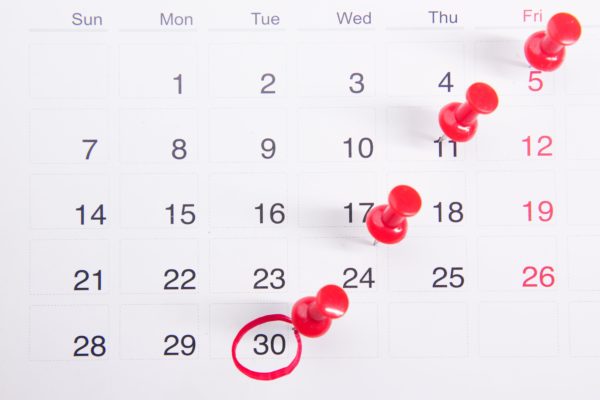 calendar with red pins on certain days