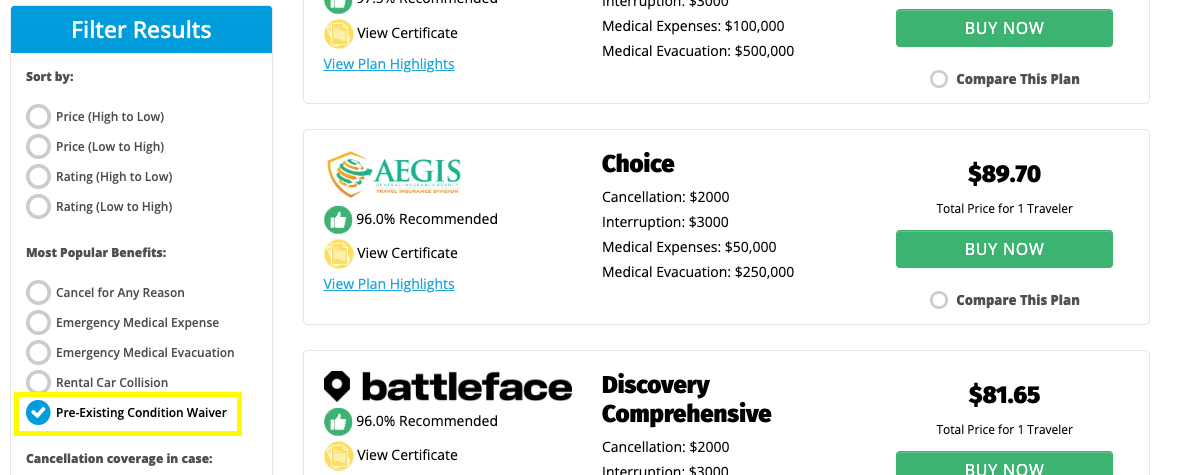 screenshot of Yonder Travel Insurance's quote results page highlighting the pre-existing condition waiver filter