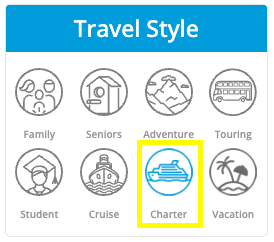 screenshot of "charter" travel style filter selection on yonder travel insurance quote results page