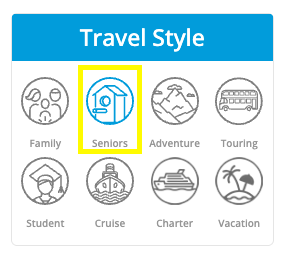 screenshot of "seniors" travel style filter selection on yonder travel insurance quote results page