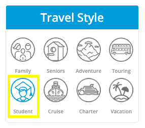 screenshot of "student" travel style filter selection on yonder travel insurance quote results page