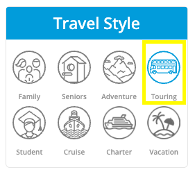 screenshot of "touring" travel style filter selection on yonder travel insurance quote results page