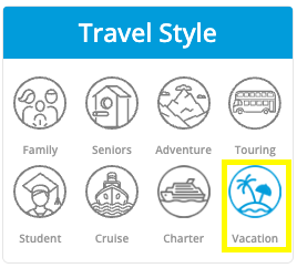 screenshot of "vacation" travel style filter selection on yonder travel insurance quote results page