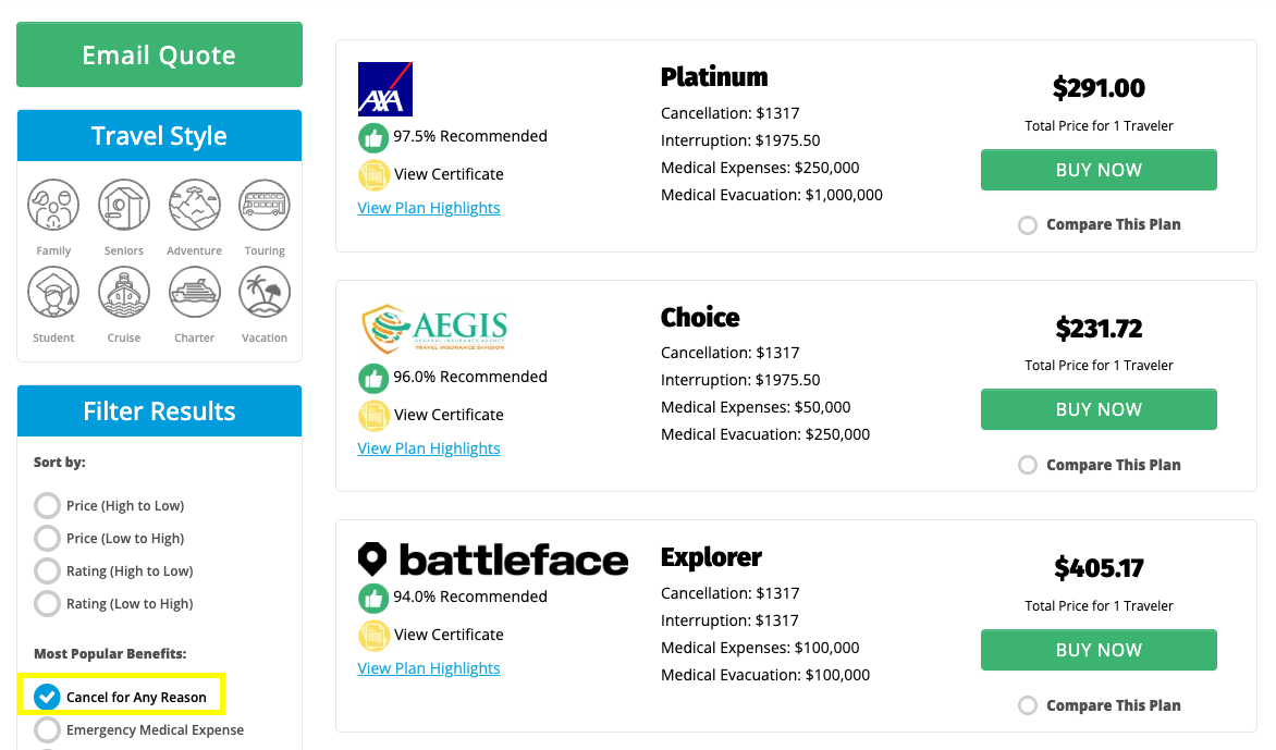 travel insurance quote results webpage from yonder travel insurance highlighting the "cancel for any reason" travel insurance filter