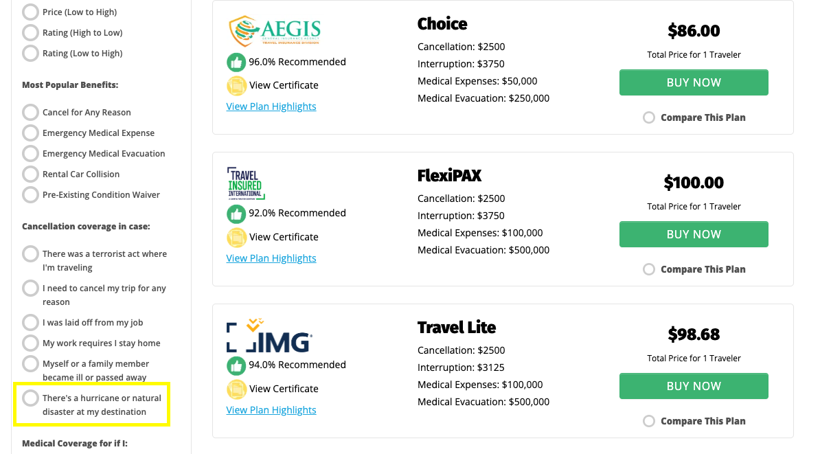 Hurricane travel insurance coverage filter on Yonder quote results page