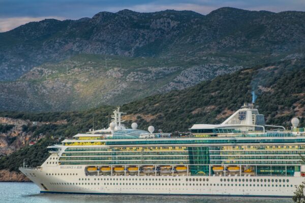 large cruise ship sailing next to a mountainous area with greenery
