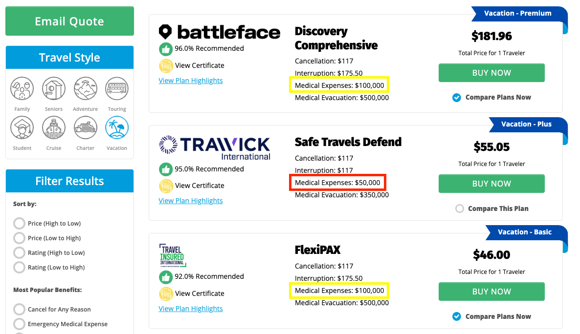 travel insurance quote results page on Yonder Travel Insurance showing the recommended medical expense benefit limits to look for in a policy