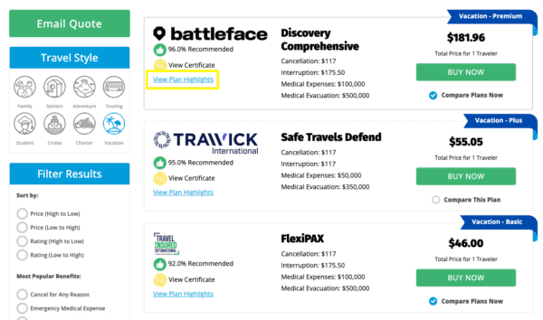 travel insurance quote results on Yonder Travel Insurance showing where users can click "View Plan Highlights" to view more of the benefits included with the plan
