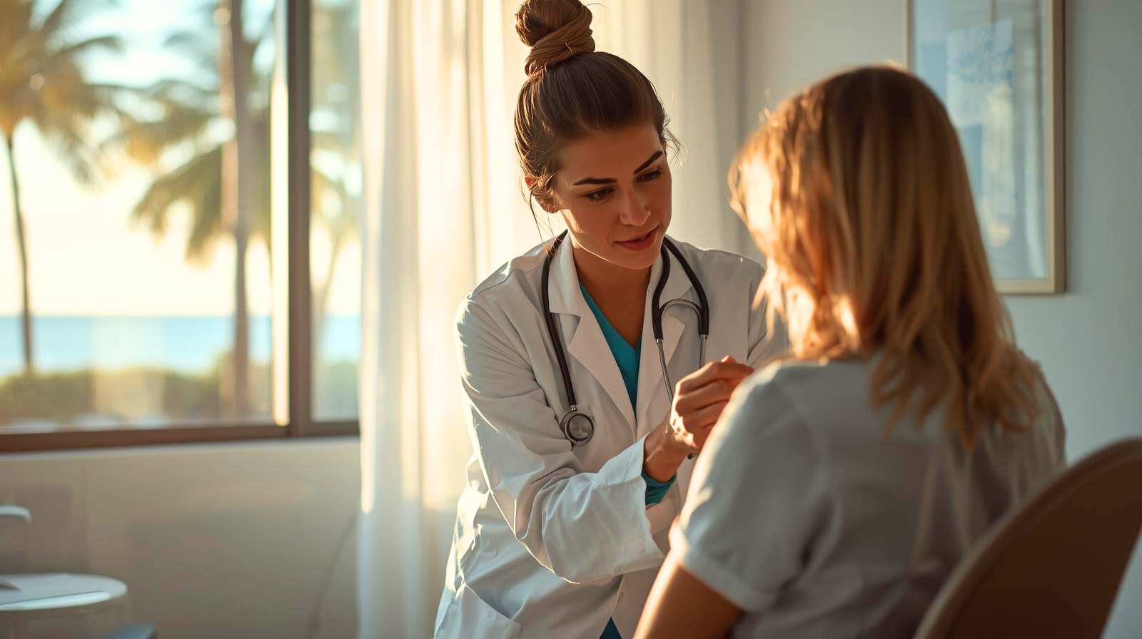 female doctor in white coat with stethsoscope treating a female patient in an office next to the beach