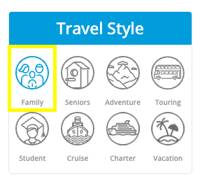 screenshot of family travel style filter on Yonder Travel Insurance website which includes icons for each travel style and the family travel style featured with a yellow outline