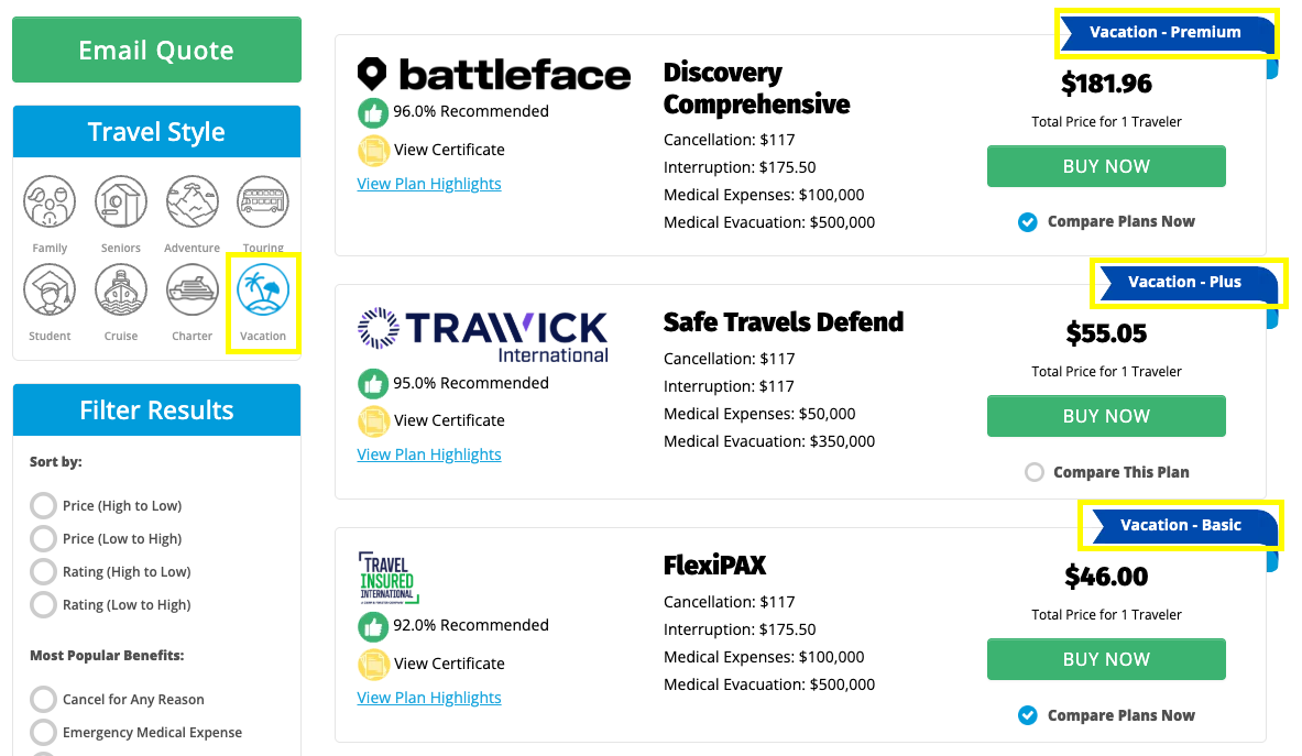 a screenshot of Yonder Travel Insurance website quote results page highligting the vacation travel style filter options