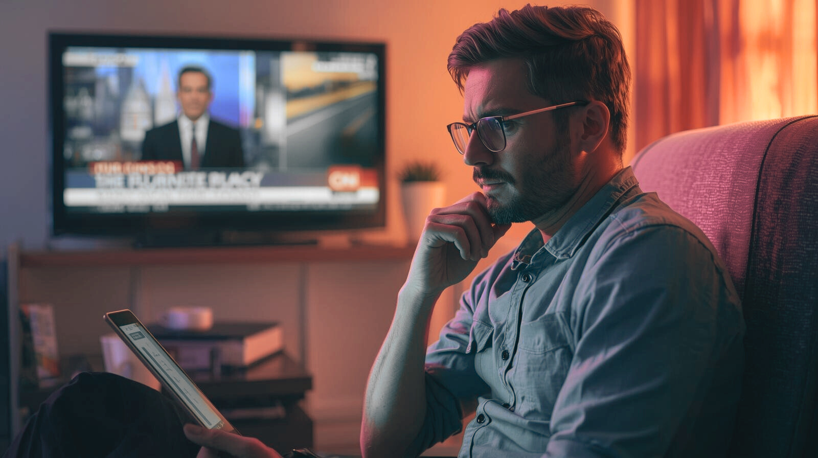 man looking at tablet pondering with the news on the tv in the background
