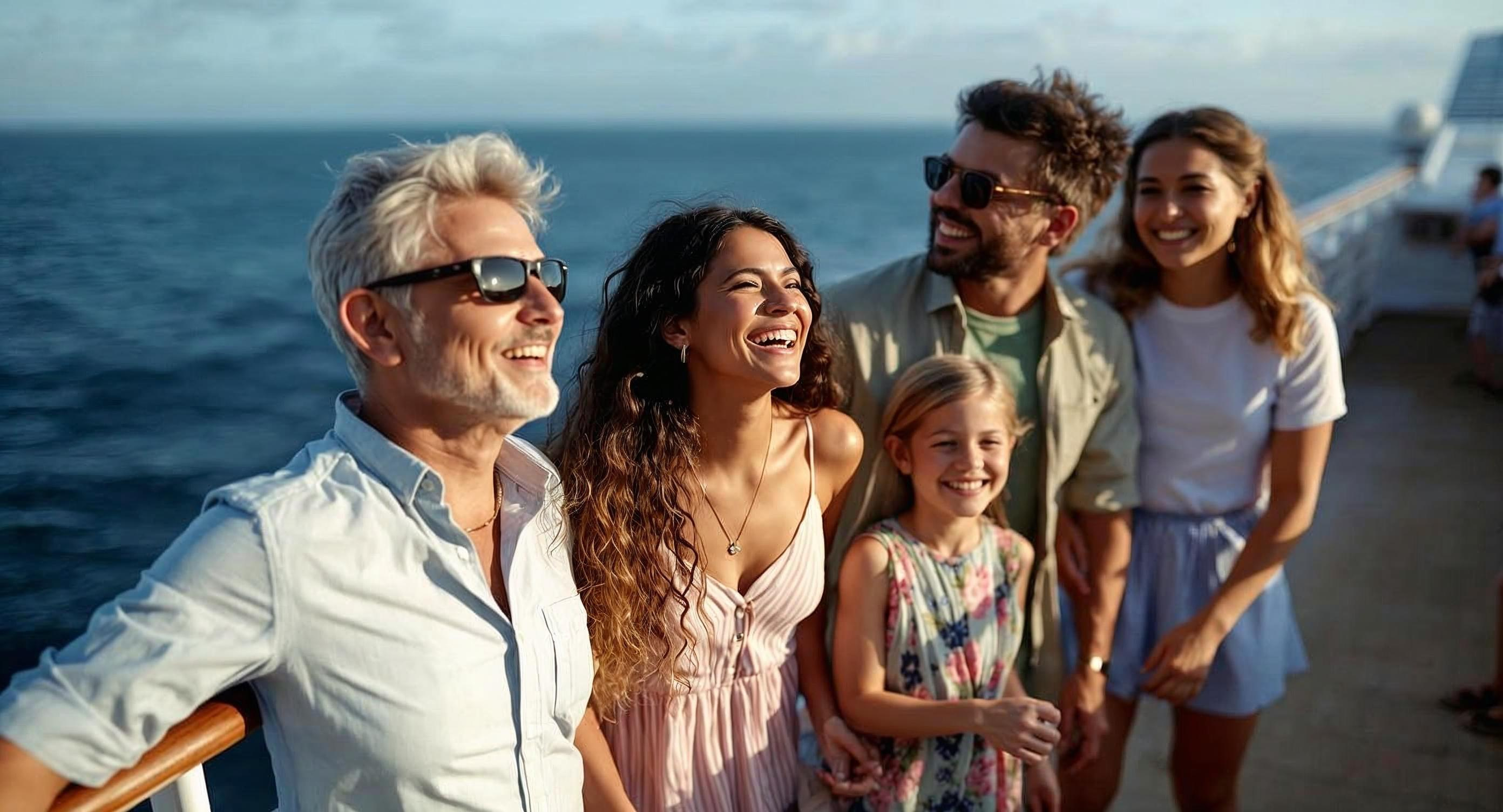 5 people of multiple generations sanding on cruise ship deck with ocean in the background