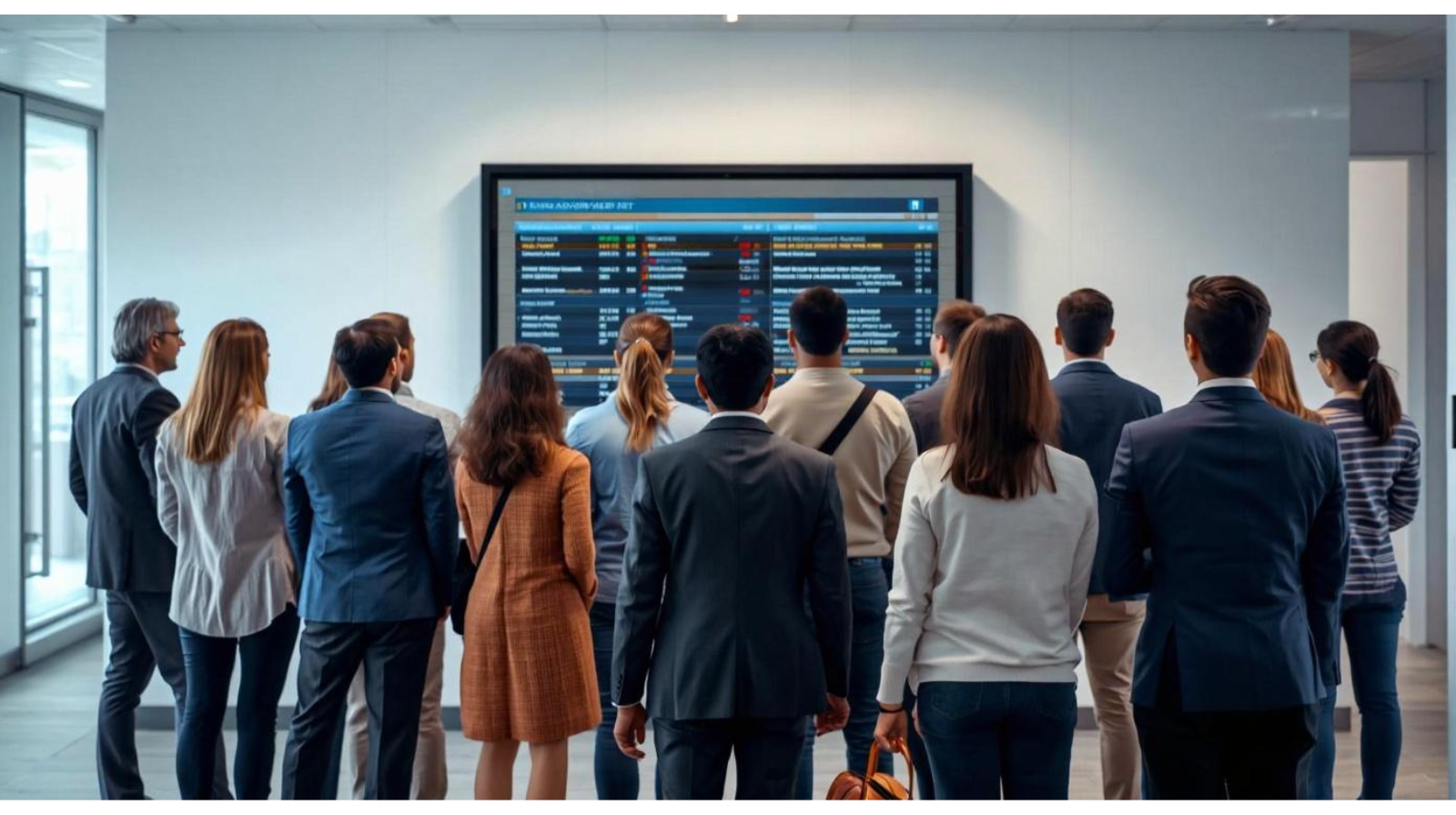 group of people standing looking at a TV with office attire on