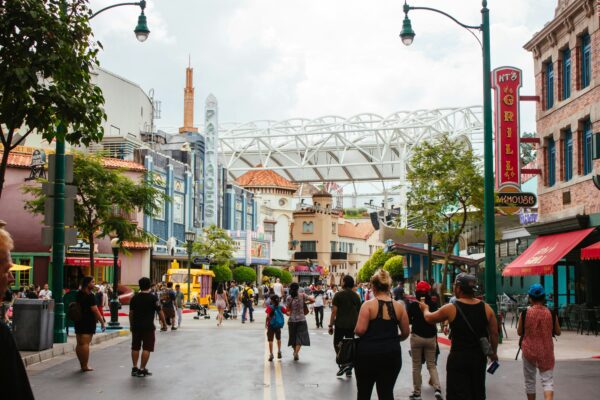 singapore cityscape with people walking down the street