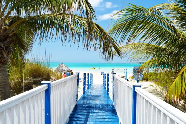 boardwalk down to a beach in Cuba with green palm trees and the ocean off in the distance