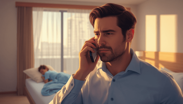 a father on the phone looking concerned with a sick child in bed in the background