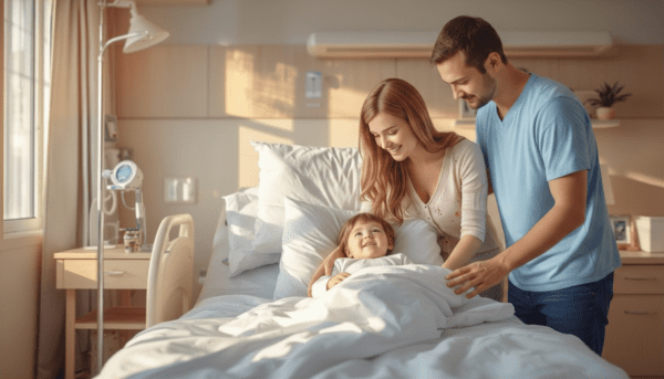 a mom and dad standing next to a child in a hospital bed in a hospital