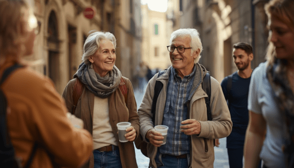 an older couple walking the streets of Europe in cooler weather colding cups